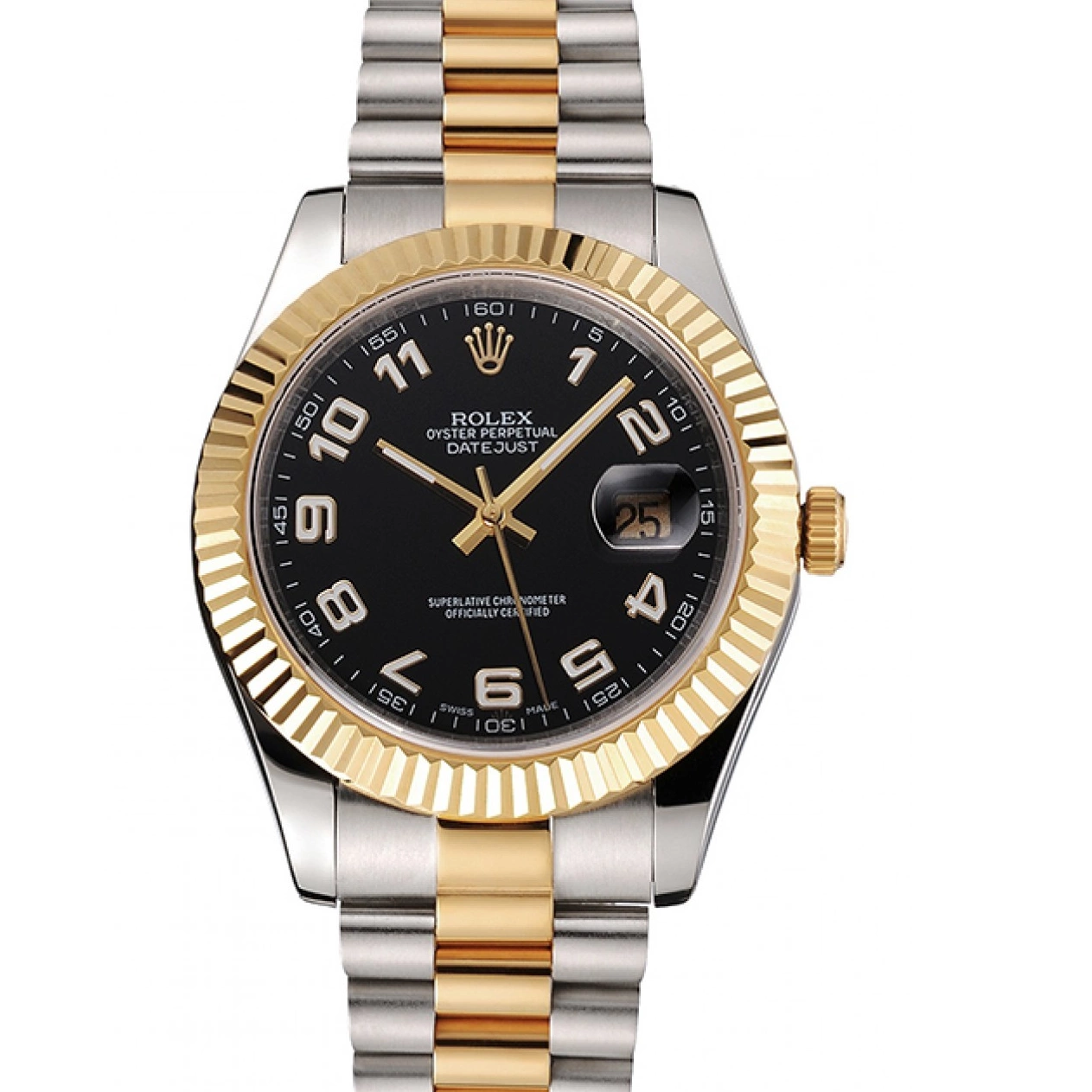 Aaa fake watches Gold Bezel Case Bracelet Swiss Tone Dial Steel Two Datejust Stainless Rolex Black 0825